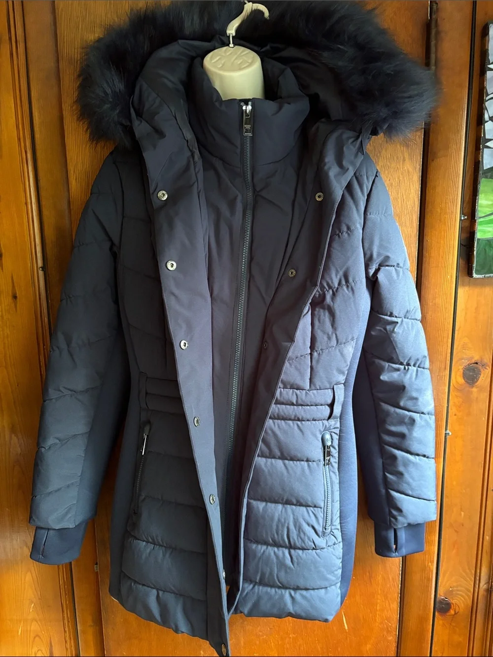 Michael Kors Navy Quilted Hooded Puffer Coat with Fur Trim size L preowned